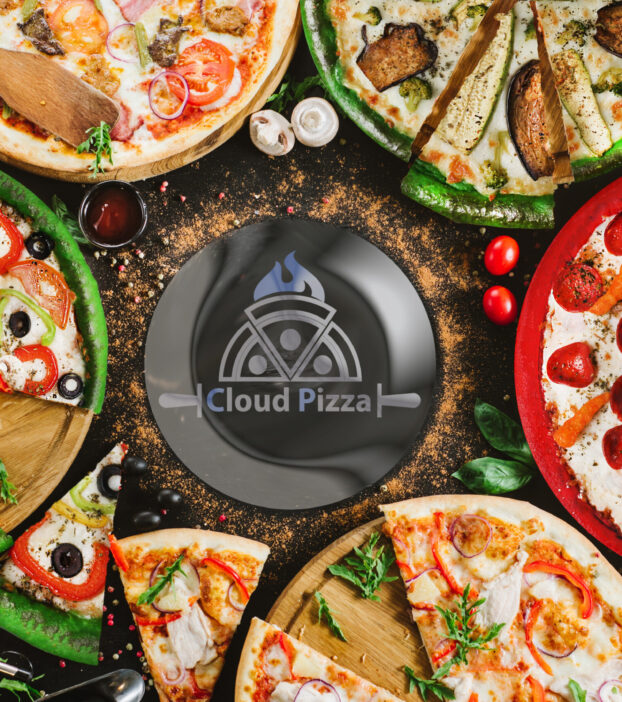 Many kinds of tasty pizzas on black background. Flatlay. Copy space